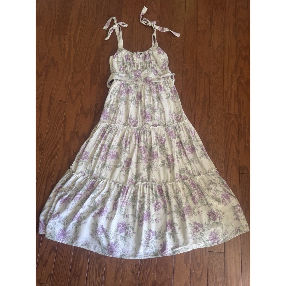Trixxi Floral Rose Print Tie Strap Tiered Maxi Dress Size M Cottagecore